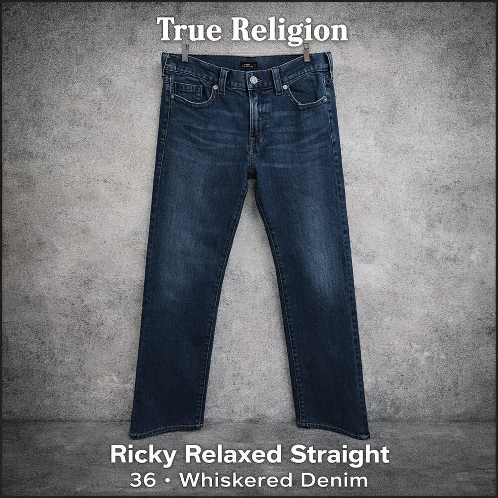 True Religion Ricky Relaxed Straight Jeans Blue Whiskered Y2K 36